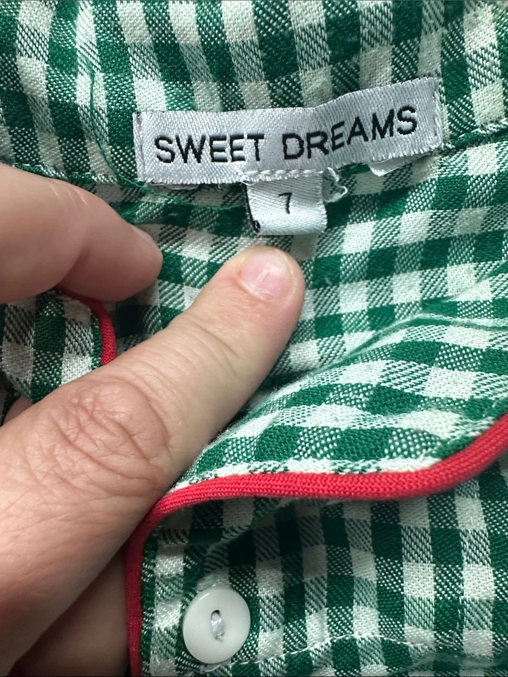 Sweet Dreams Green and White Gingham Pajama Set with Red Trim(button missing b44